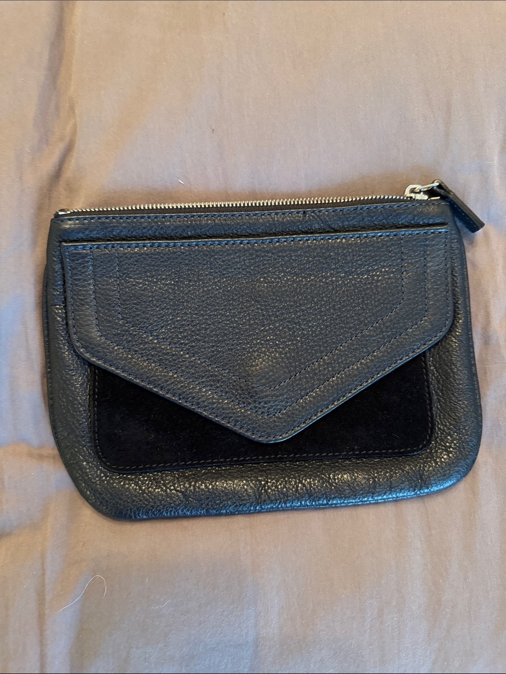Sandro Navy Leather Black Velvet Handbag Envelope Pouch Clutch